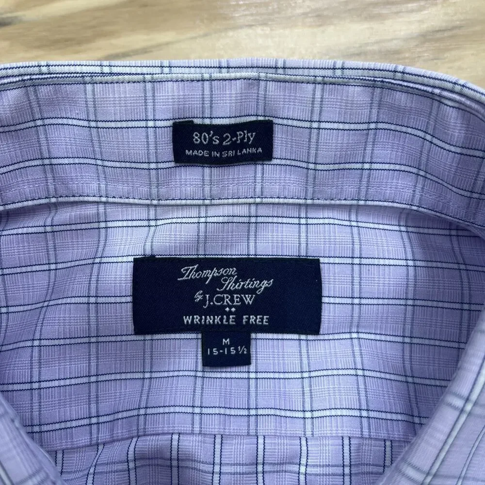 J. Crew Thompson Shirtings Wrinkle Free Purple White Plaid Check Size M 15 15.5